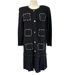 Steve Fabrikant Knit Emboudered Button Front Dress With  Pleated Hem SZ L